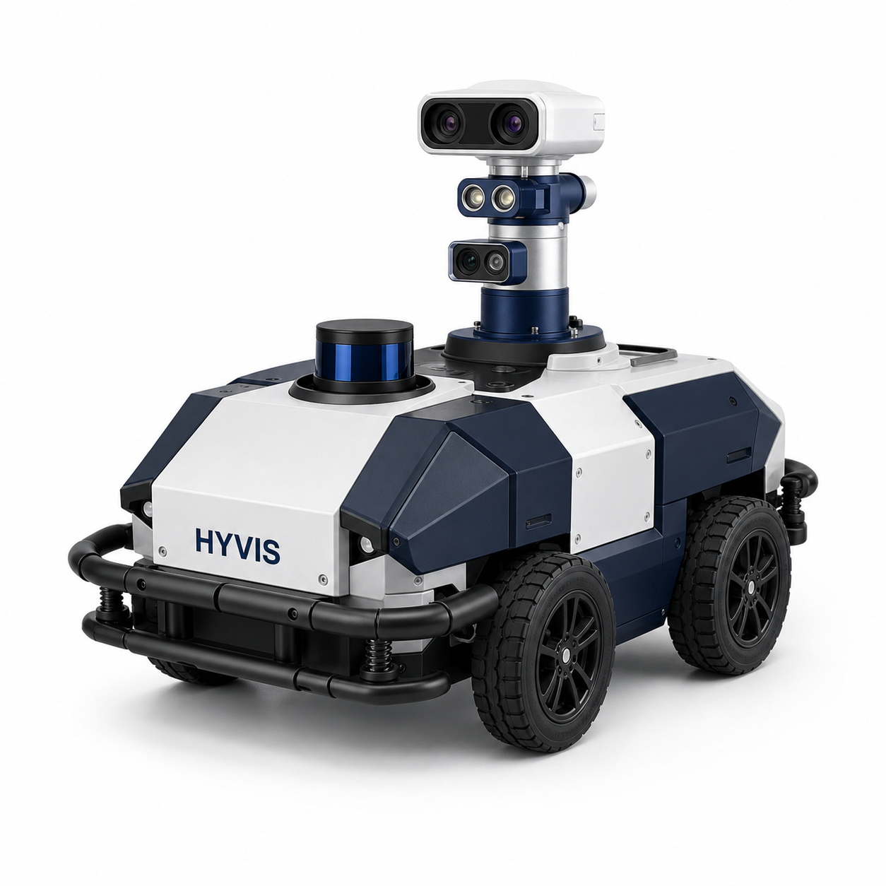 Compact four-wheel HYVIS indoor inspection rover with a spring-mounted contact bumper isolated on white
