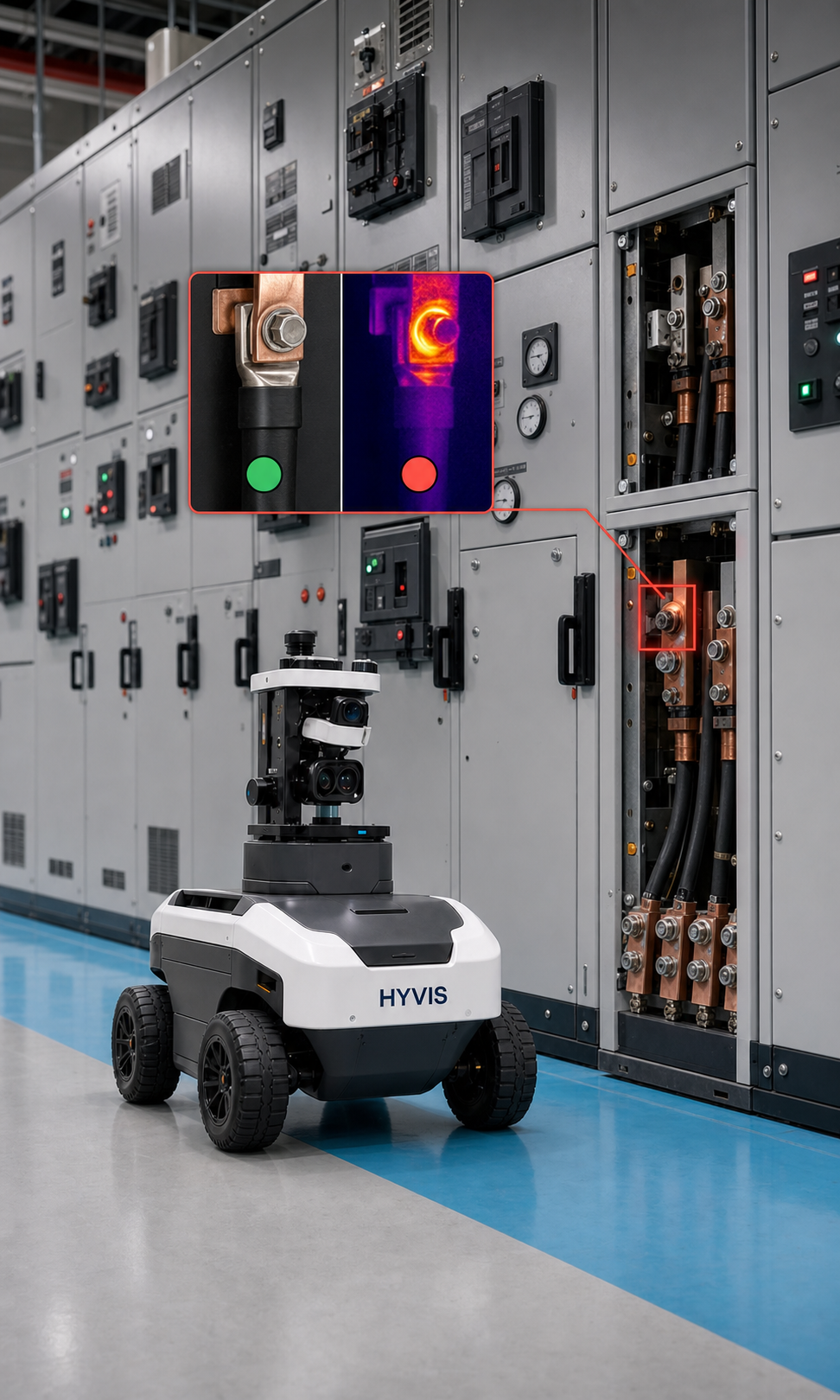 HYVIS inspection robot linking a visible cable-terminal fault to visual and thermal evidence