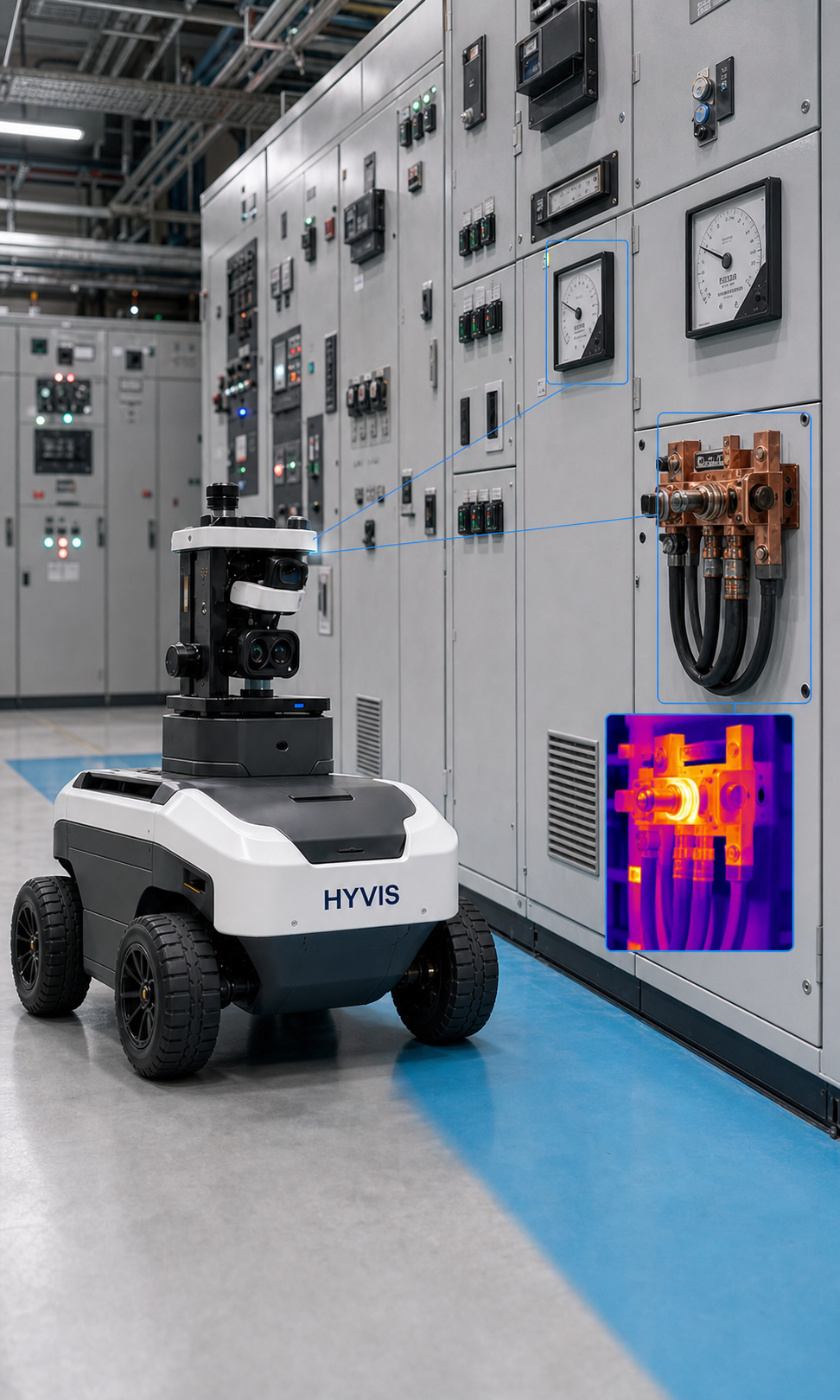 HYVIS autonomous inspection robot in a detailed electrical equipment environment