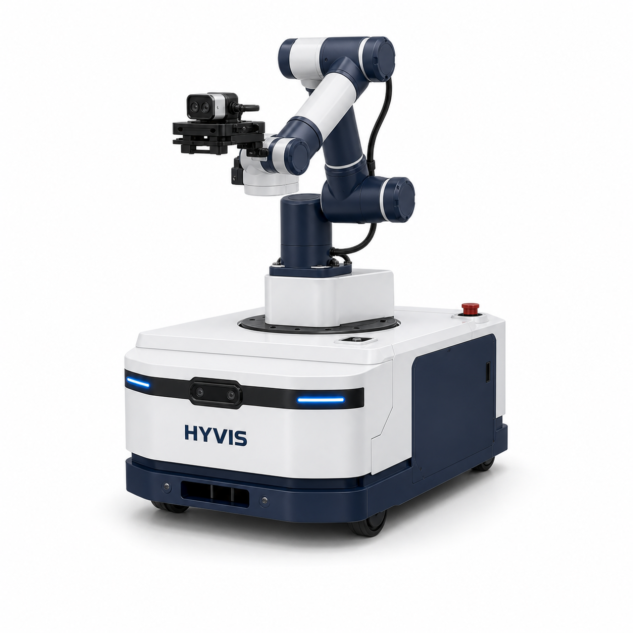 HYVIS mobile operation robot with a six-axis articulated arm isolated on white