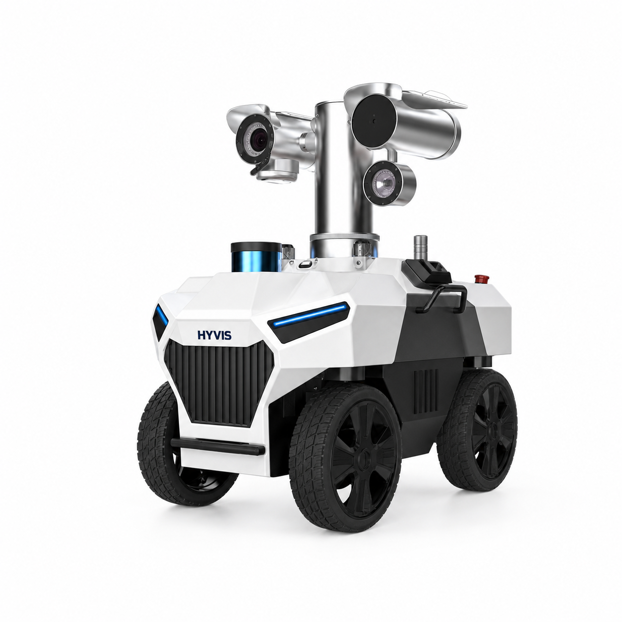 Four-wheel HYVIS rugged outdoor inspection robot isolated on a white background