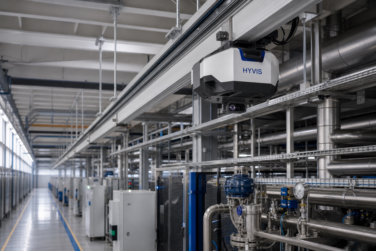 HYVIS overhead inspection robot travelling on a ceiling rail above industrial pipework