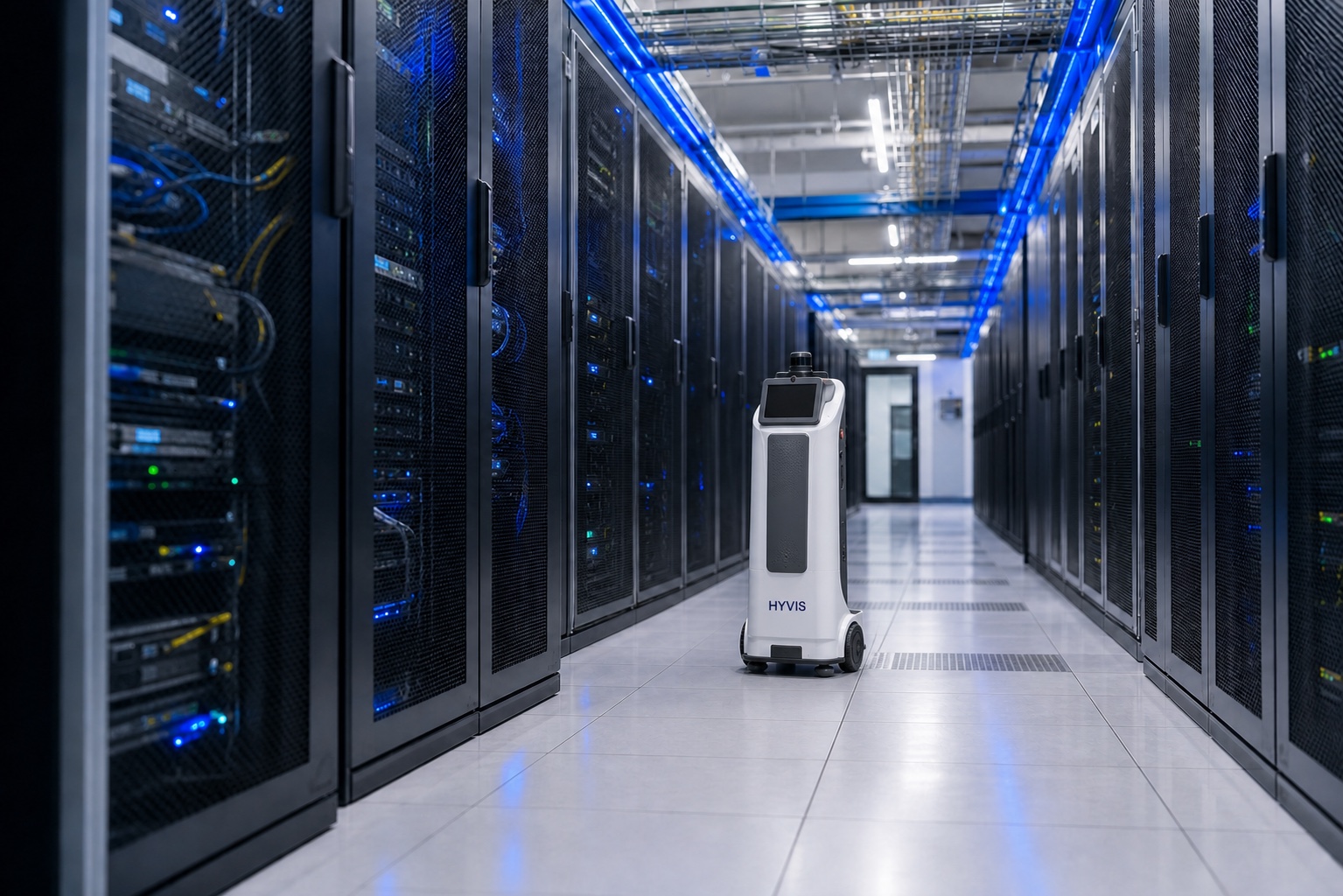 Slim HYVIS autonomous inspection robot operating between data-centre racks