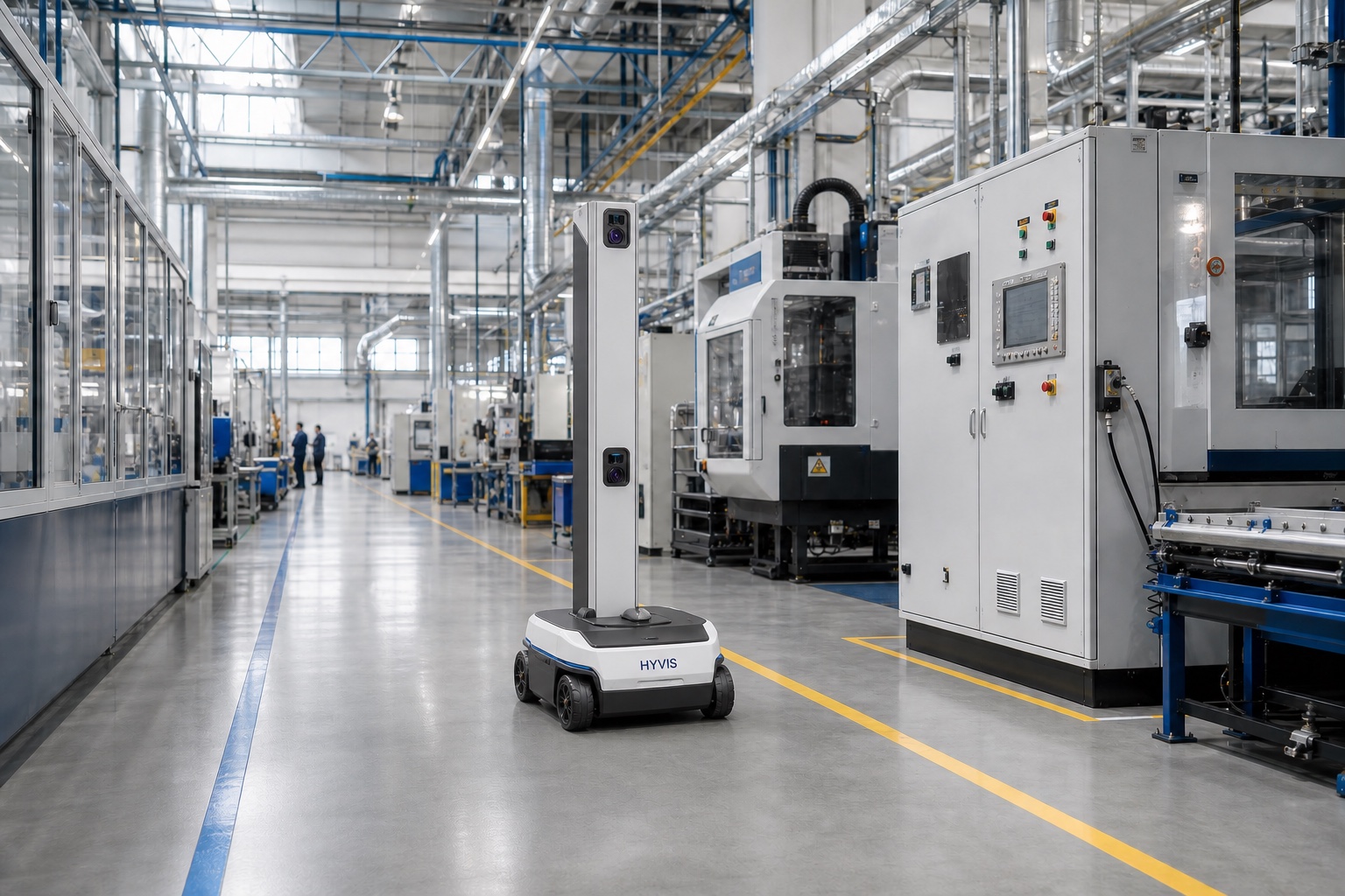 Tall HYVIS vertical inspection robot operating in a modern manufacturing hall