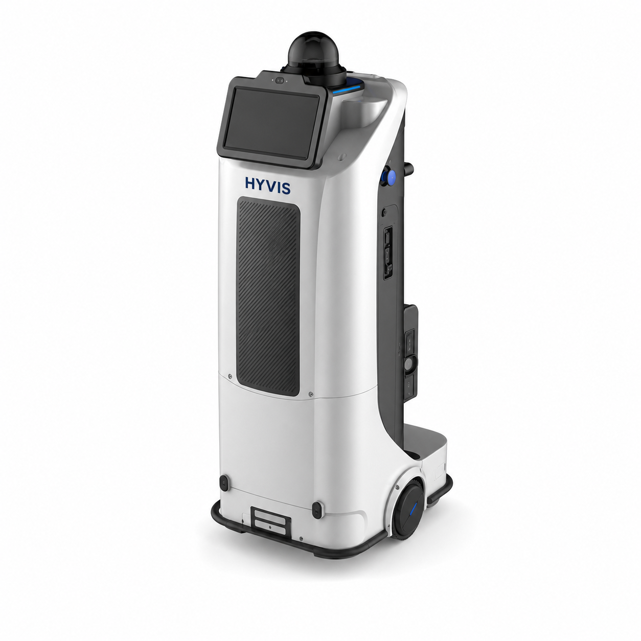 Slim upright HYVIS indoor inspection robot isolated on a white background