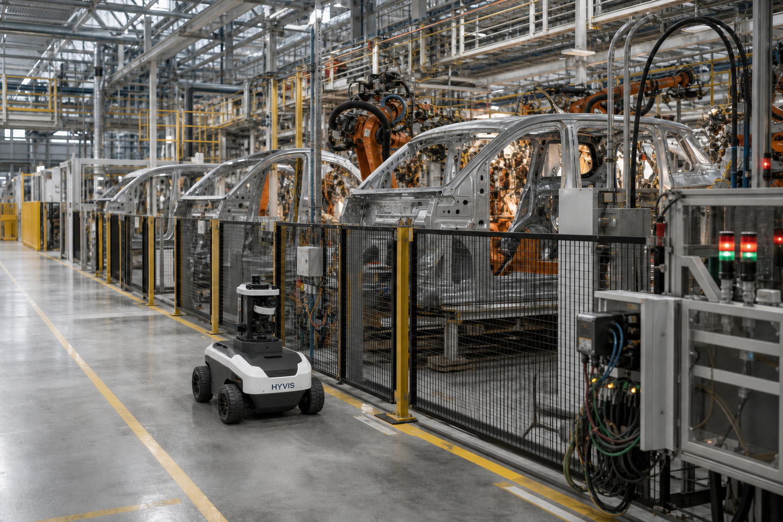 HYVIS inspection robot travelling beside an automotive body-in-white production line