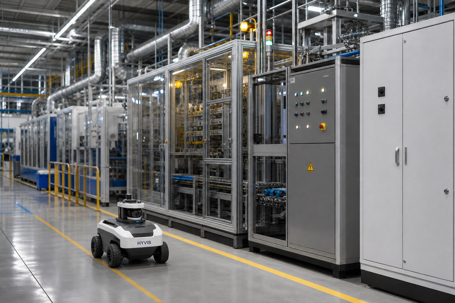 Compact HYVIS inspection robot beside battery-production equipment and utility cabinets
