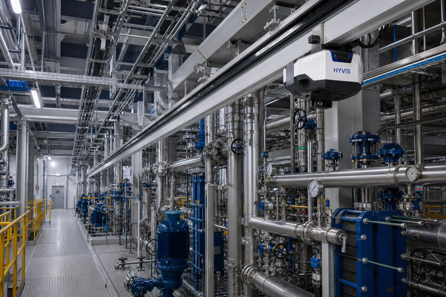 HYVIS ceiling-rail inspection robot operating above a detailed process facility
