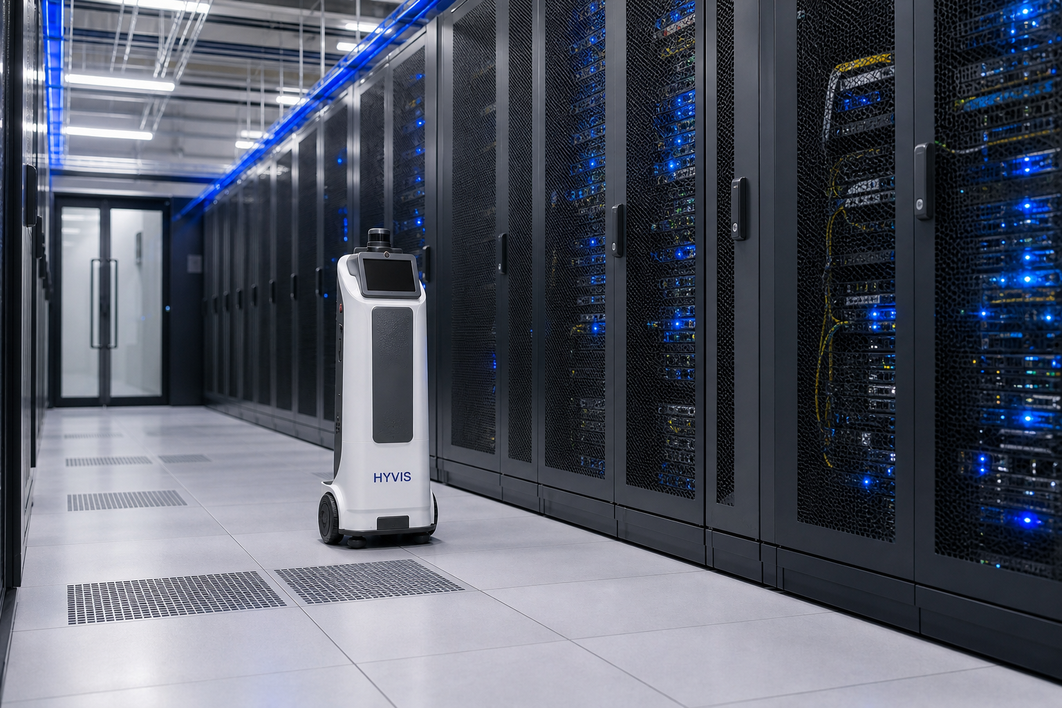 Slim HYVIS data-centre inspection robot operating between server racks