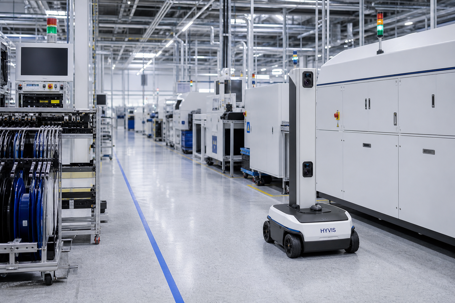 HYVIS manufacturing inspection robot operating beside electronics production equipment