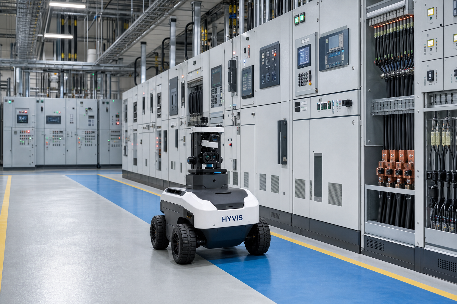 HYVIS autonomous inspection robot operating beside industrial switchgear during a site pilot