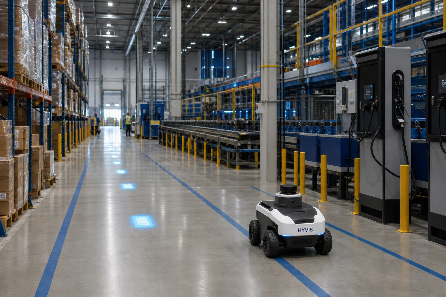 Compact HYVIS inspection robot operating beside warehouse conveyors and charging infrastructure